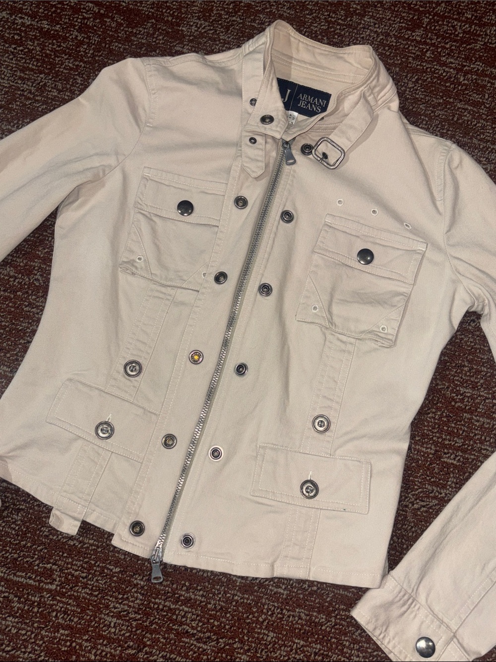 Vintage Armani jeans demin jacket canvas moto military snap derail high neck 6